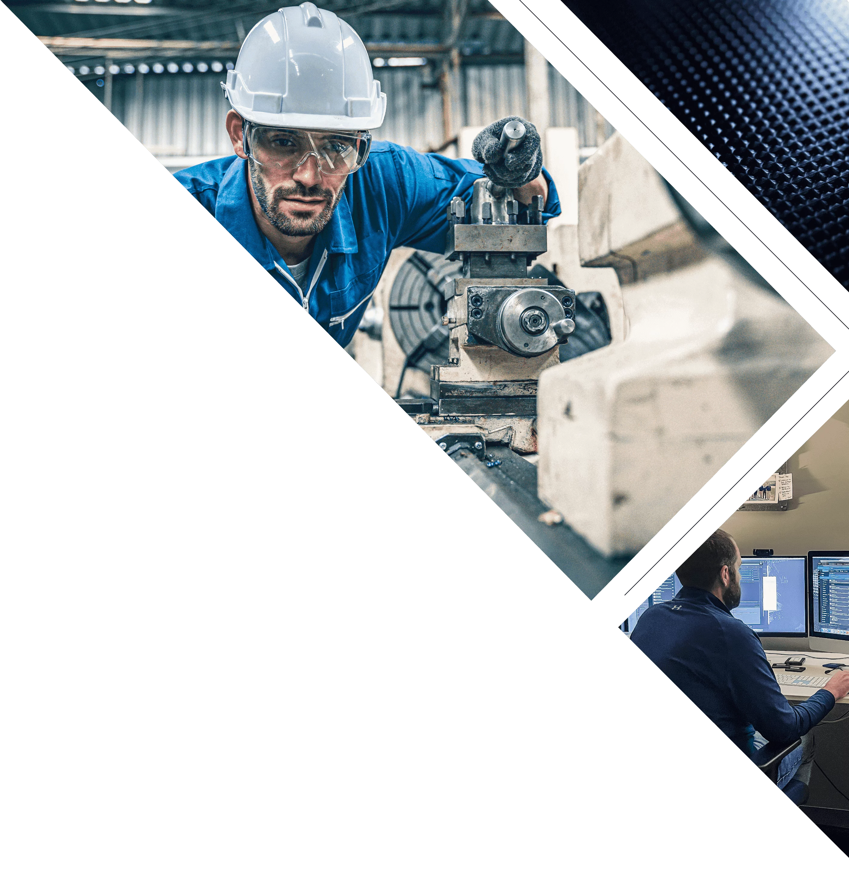 Image collage of man using a machine tool in a manufacturing facility, background texture and video production
